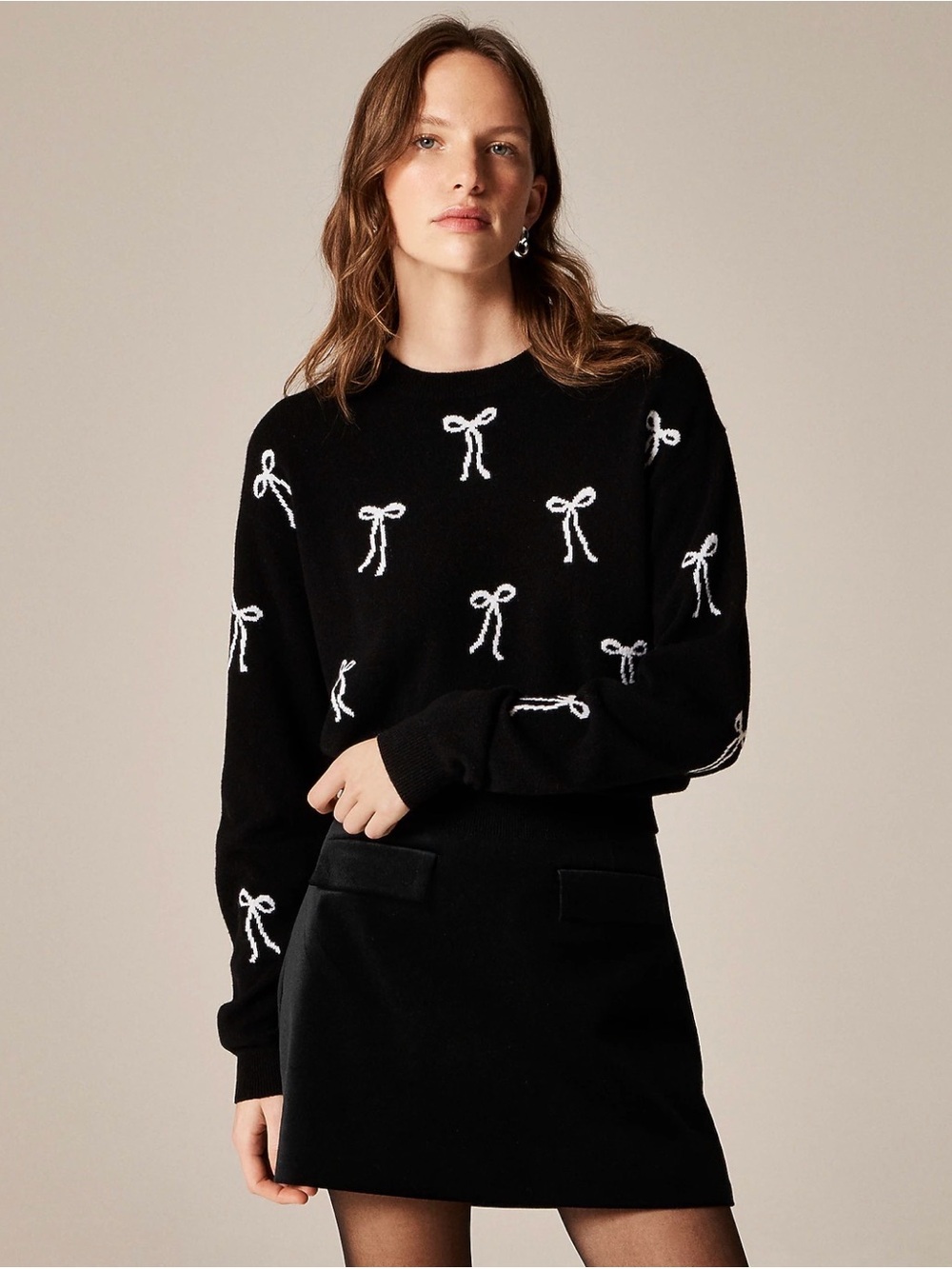 J.Crew Perfect Cashmere Crewneck Sweater Bow Print Black Ivory Size S NWOT $188